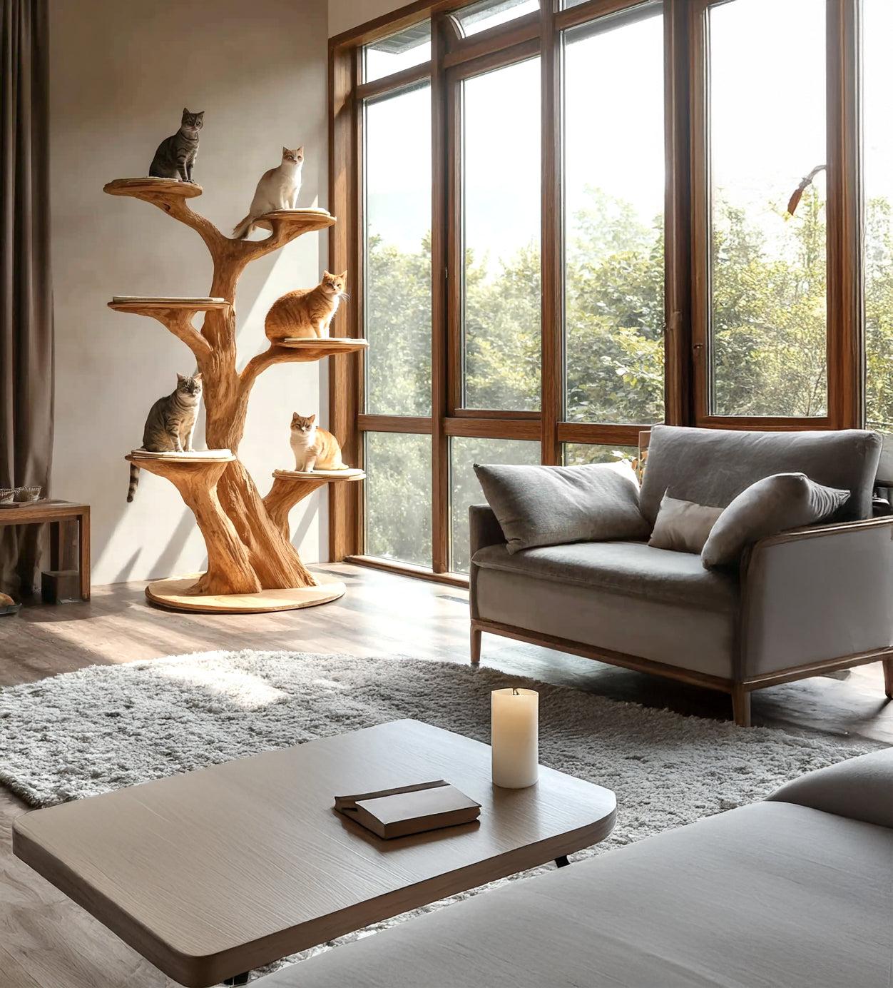 Custom Wooden Tree Shaped Cat Tree – Handmade Unique Branches, Natural Design Indoor Cat Tree Shelf