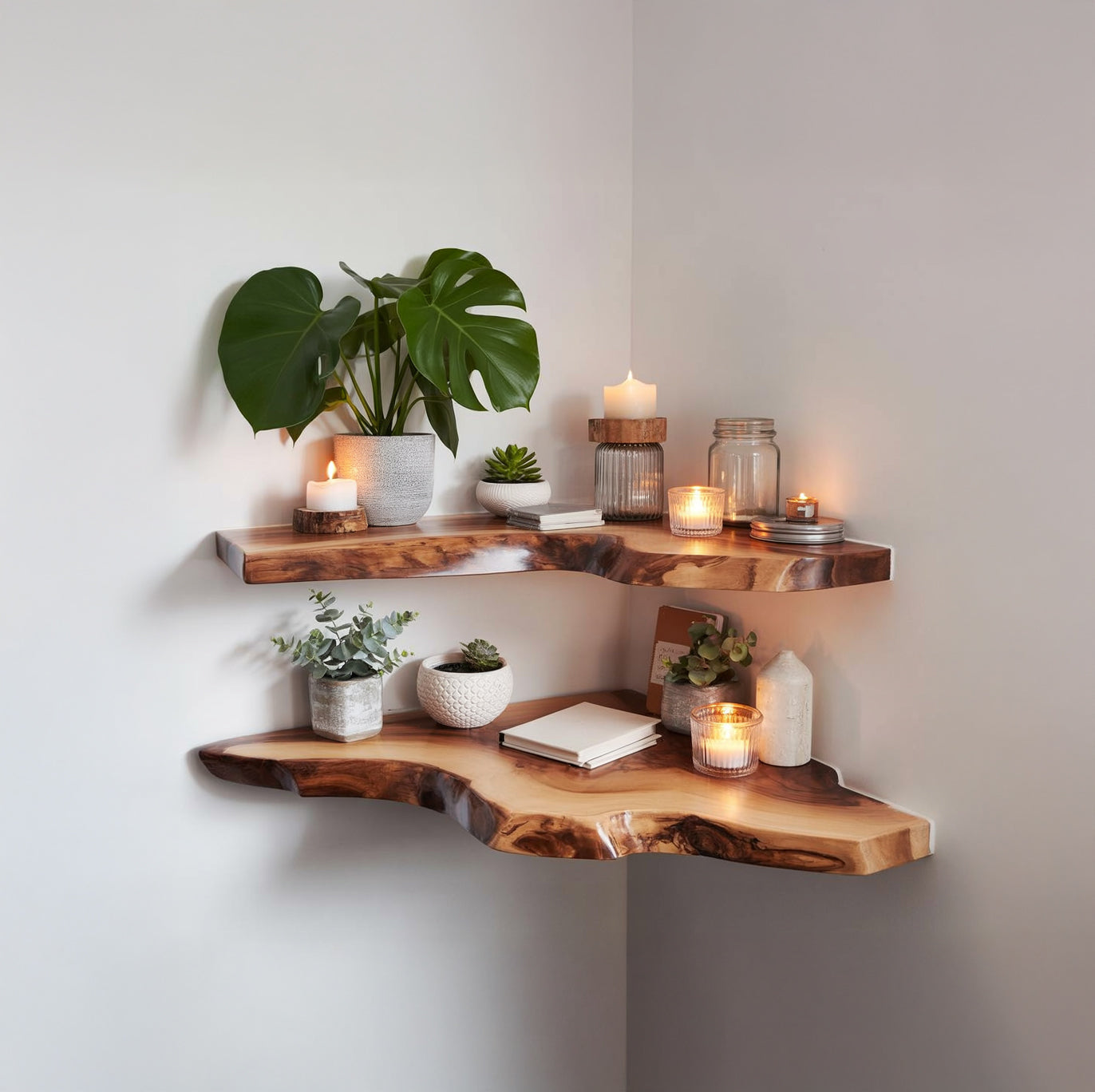 Solid Wood Corner Floating Shelf – Rustic Live Edge Wall Decor for Living Rooms