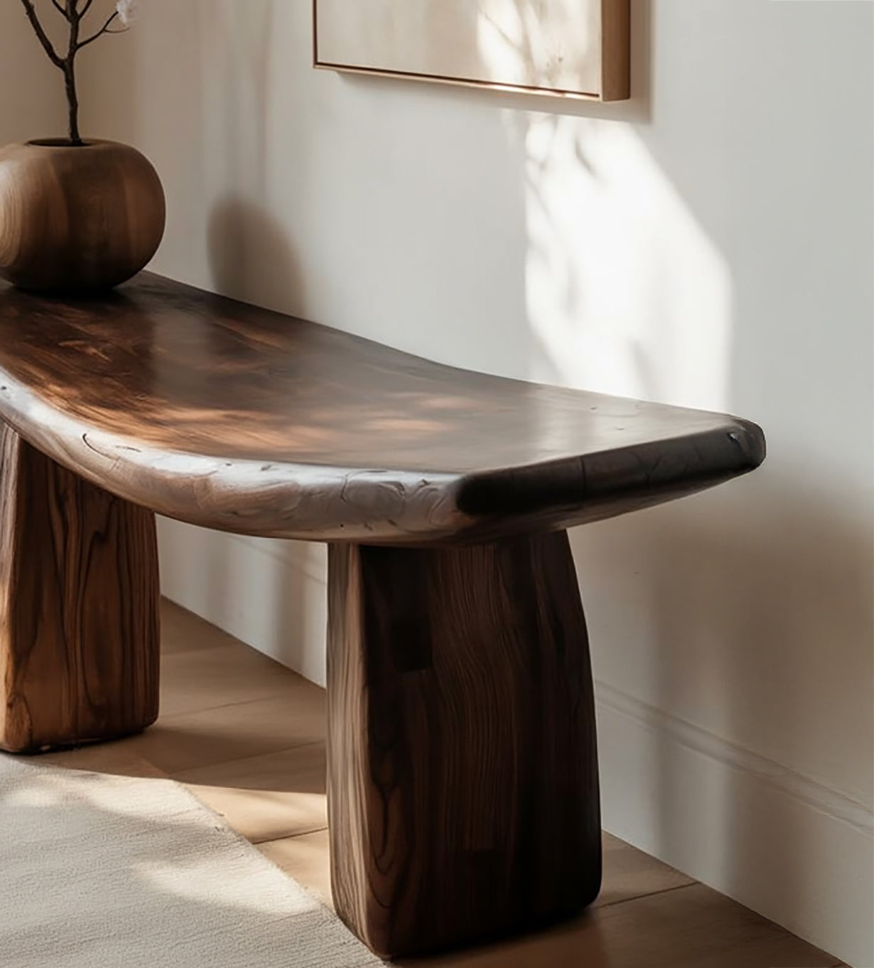 Handcrafted Solid Wood Sculptural Bench with Curved Top – Modern Rustic Accent