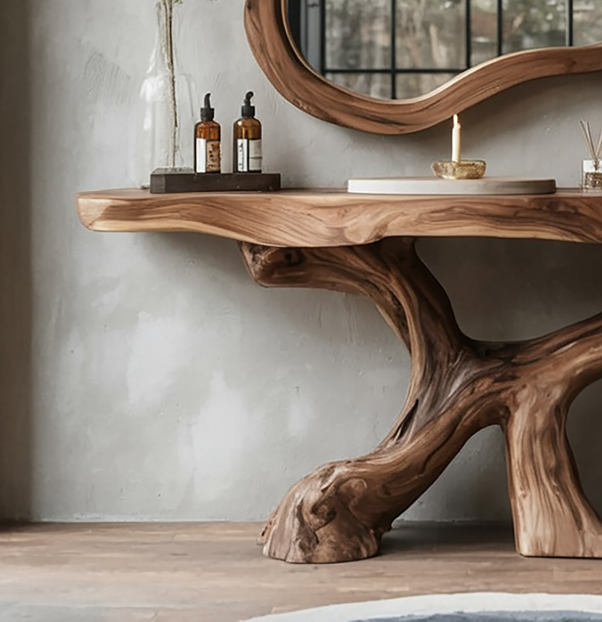 Live-Edge Teak Bathroom Vanity with Organic Root Base