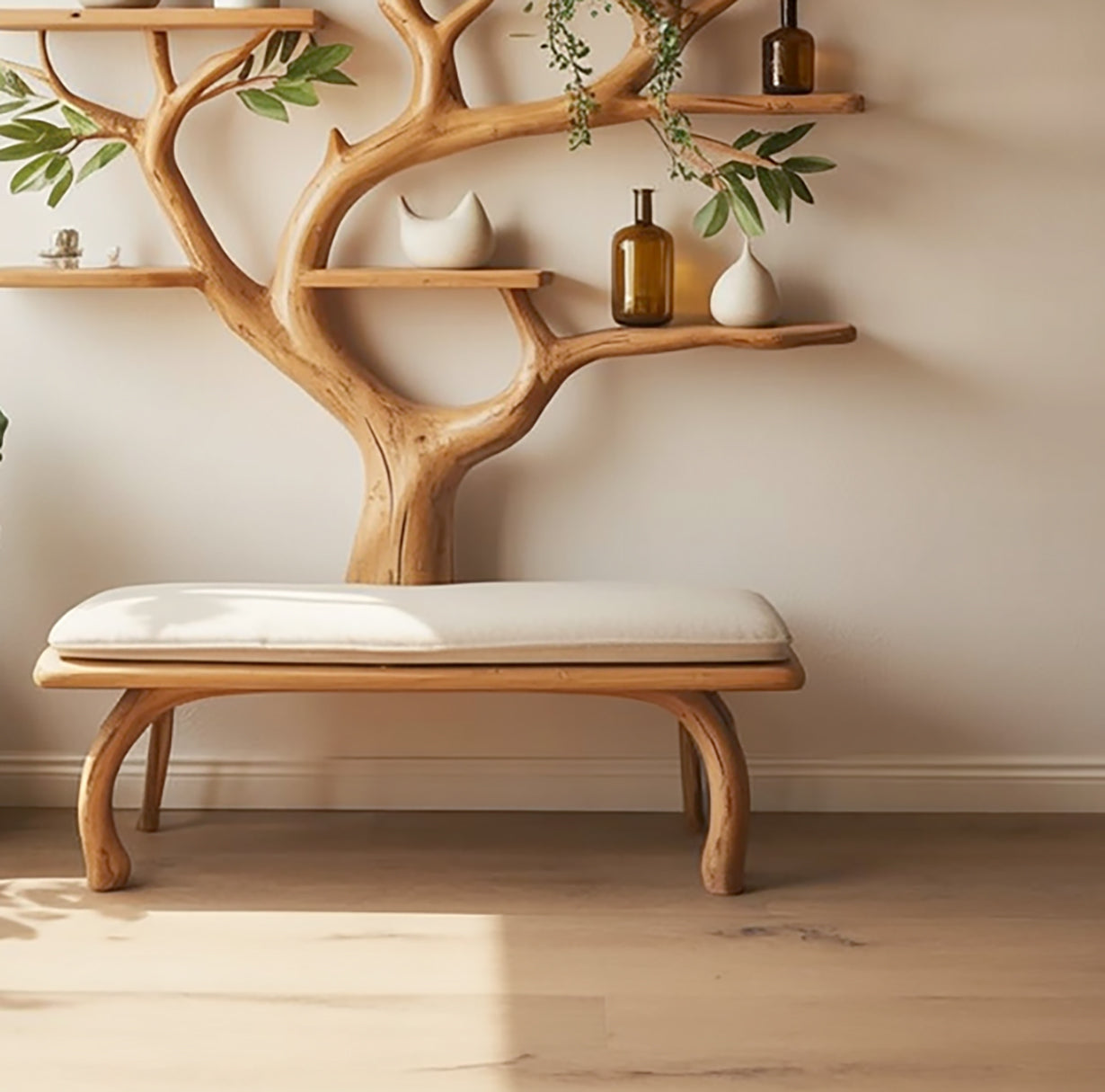 Wooden tree-shaped wall shelf with green leaves and brown and white vases, wood bench with white cushion