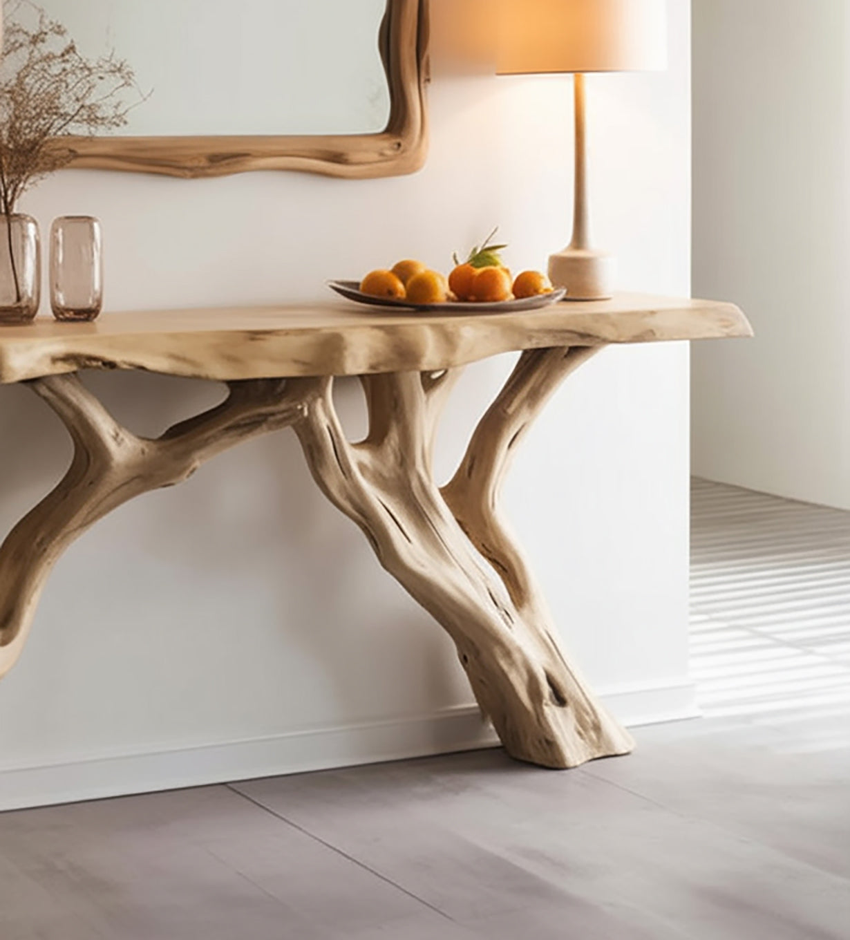 Live Edge Wood Console Table with Sculptural Tree Base – Rustic Farmhouse Entryway Table