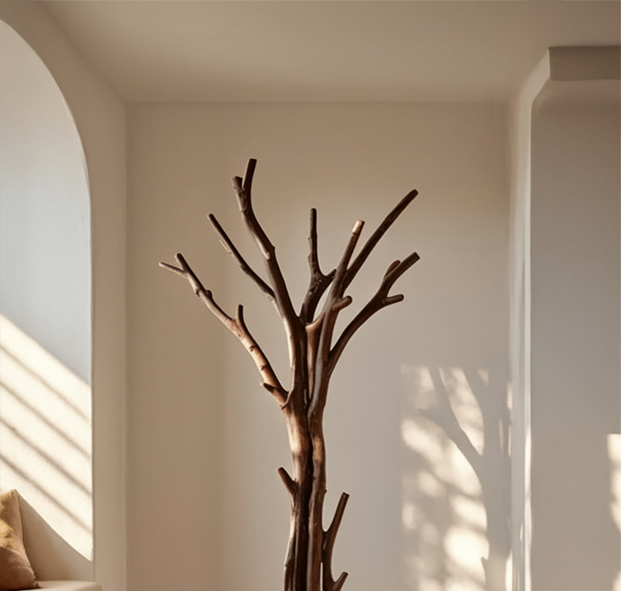 Modern wooden coat rack shaped like tree branches in minimalist sunlit room with arched wall