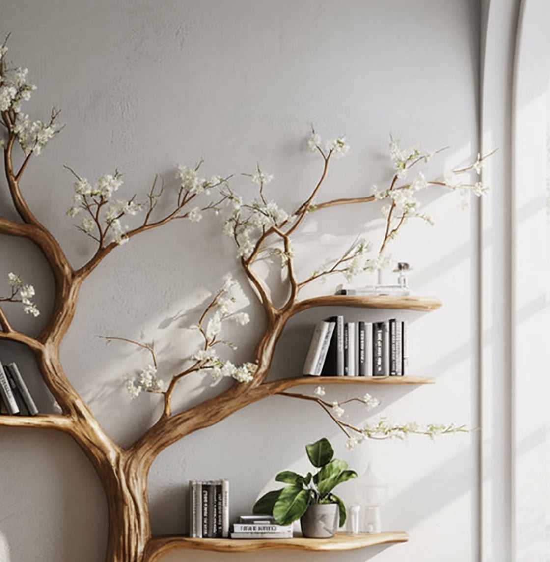 Live Edge Tree Bookcase – Elegant Floral Branch Shelf for Home Decor