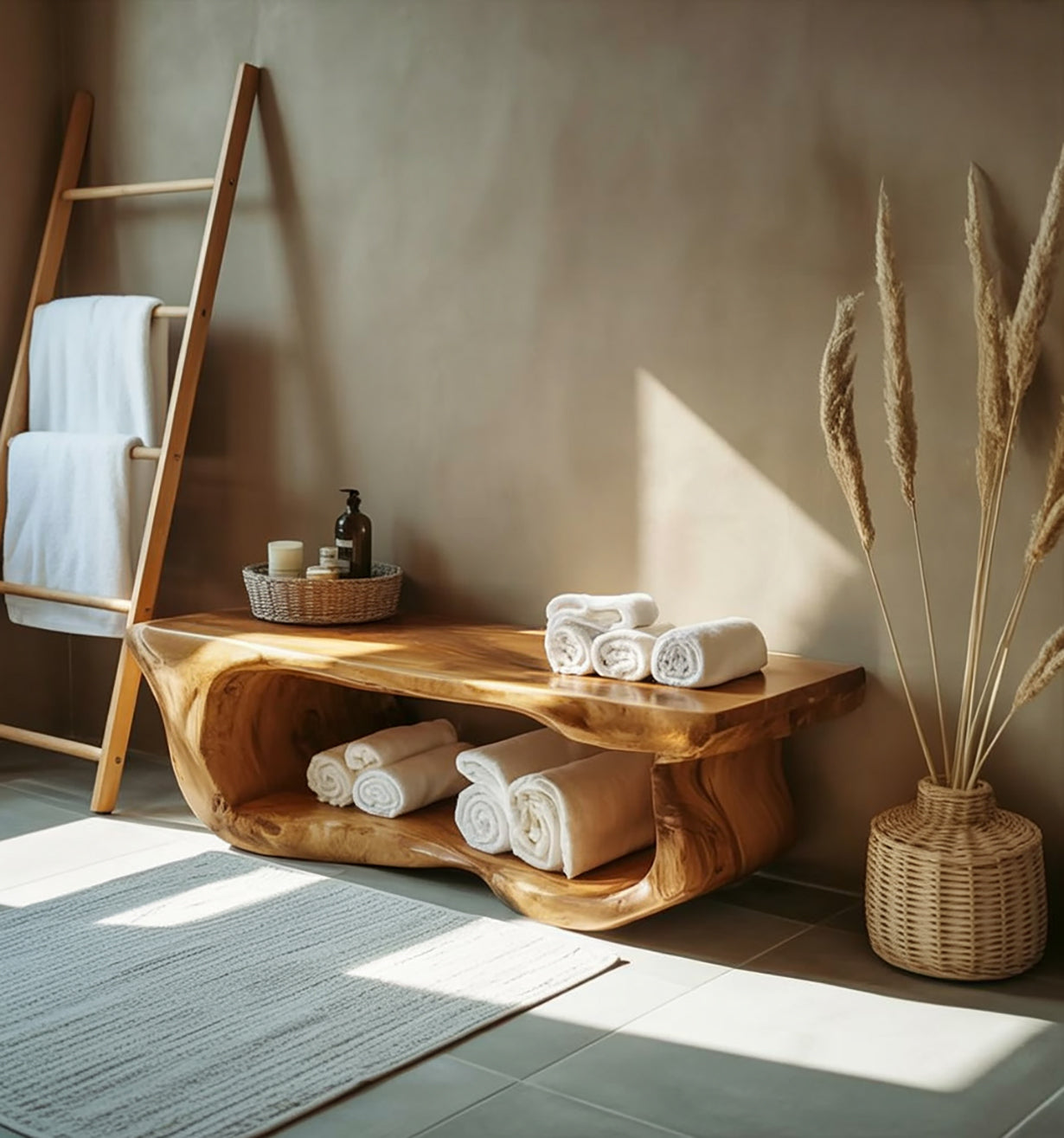 Handcrafted Solid Wood Bathroom Bench with Built-In Storage – Spa Style