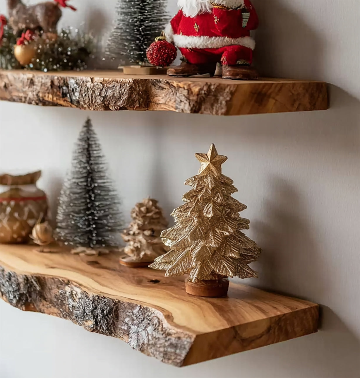 Rustic Live Edge Wooden Floating Shelves – Handmade Solid Wood Wall Shelf for Holiday Decor