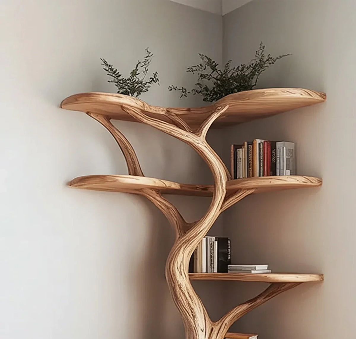 Live edge solid wood tree bookshelf in a corner, with books and small plants on shelves.