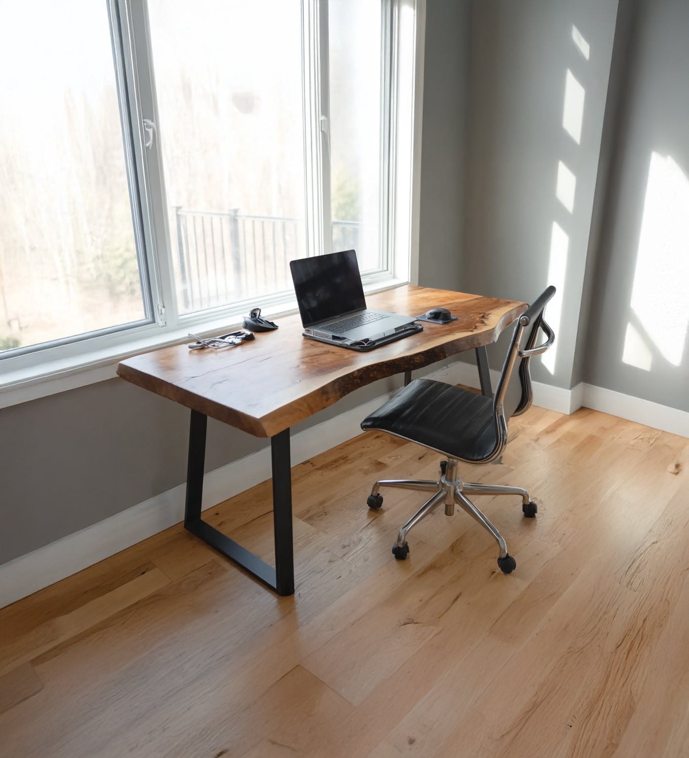 Handmade Live Edge Wooden Desk – Rustic Solid Wood Office Table with Metal Legs