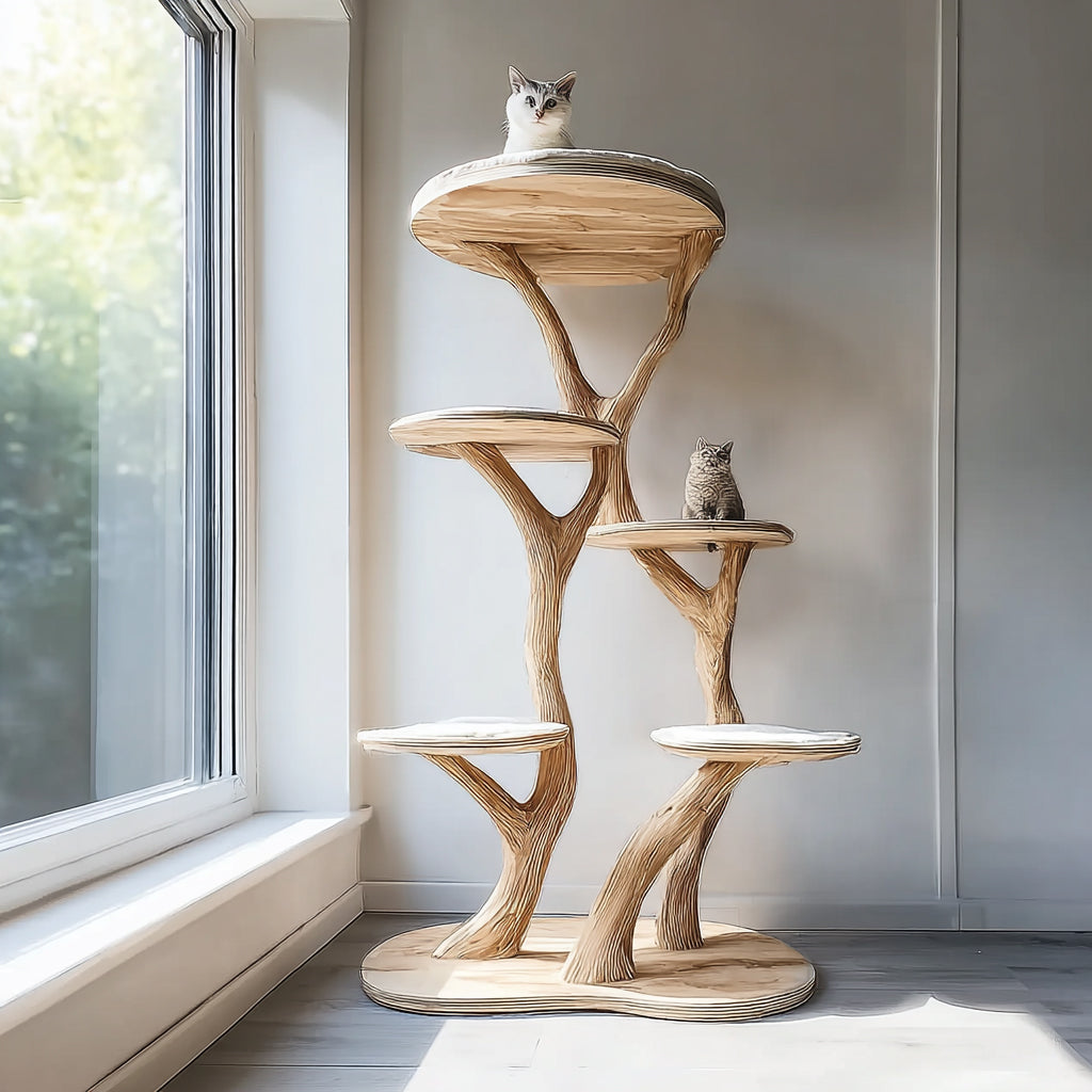 Handcrafted Wooden Cat Tree Tower with Organic Branch Design – Modern Cat Furniture