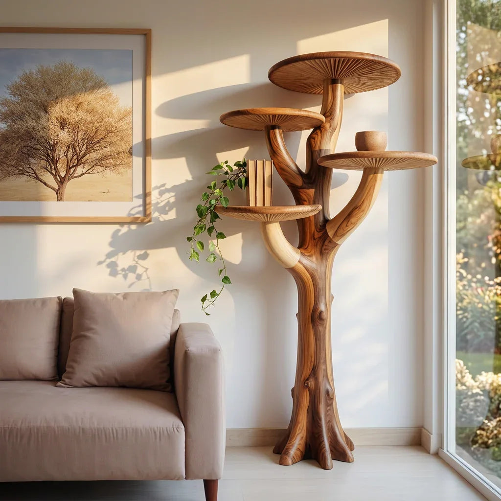 Mushroom Tree Floor Standing Shelf with 3 Tiered Cap Platforms and Branch Cup Holder - Handcrafted Solid Wood Freestanding Plant Stand and Side Table with Carved Gill Detail - Ashdeco 2026