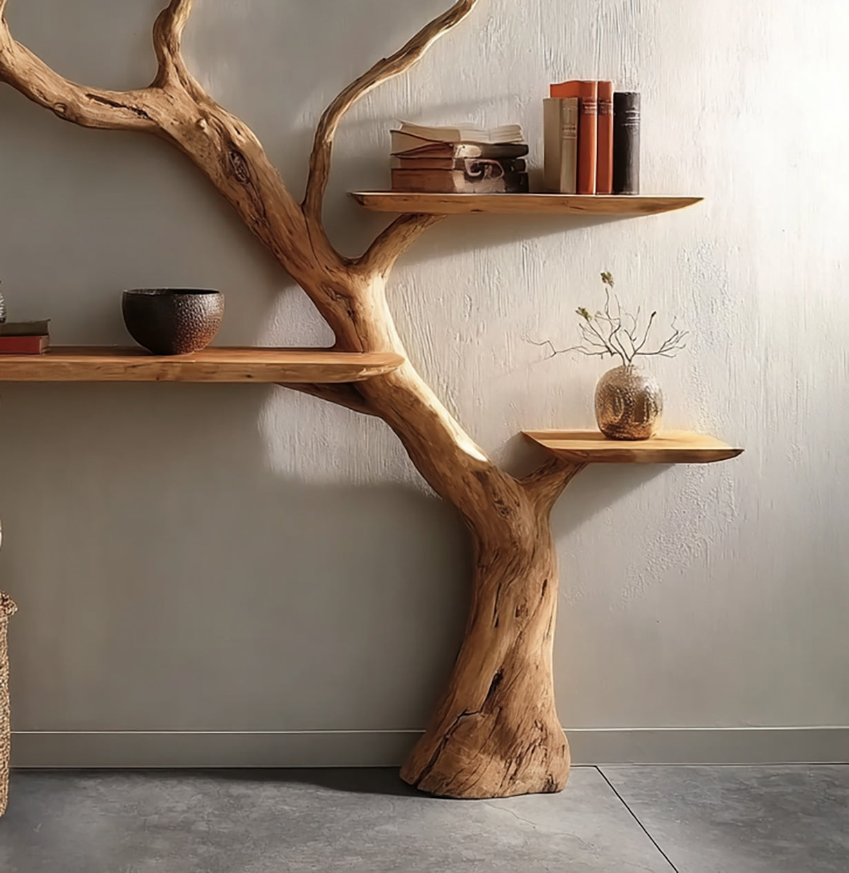 Natural wood tree branch bookshelf with books, vase, and decorative bowl in minimalist room