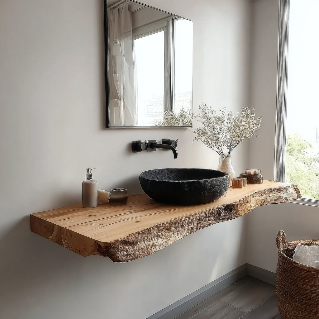 Handmade Live Edge Wood Bathroom Vanity – Rustic Solid Wood Sink Shelf