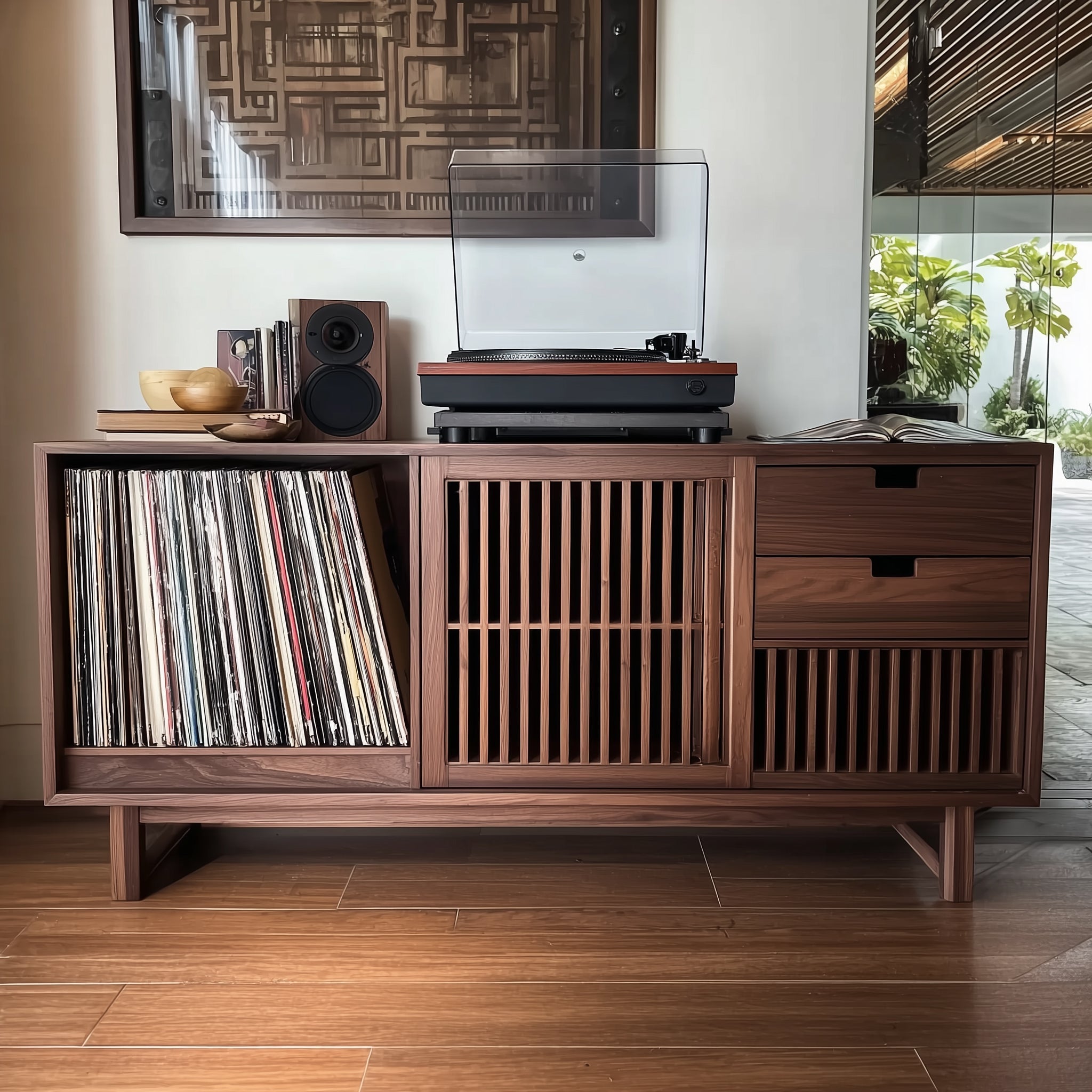 Handcrafted Record Player Stand – Natural Wood Turntable Station with Storage, Customizable Record Cube Organizer