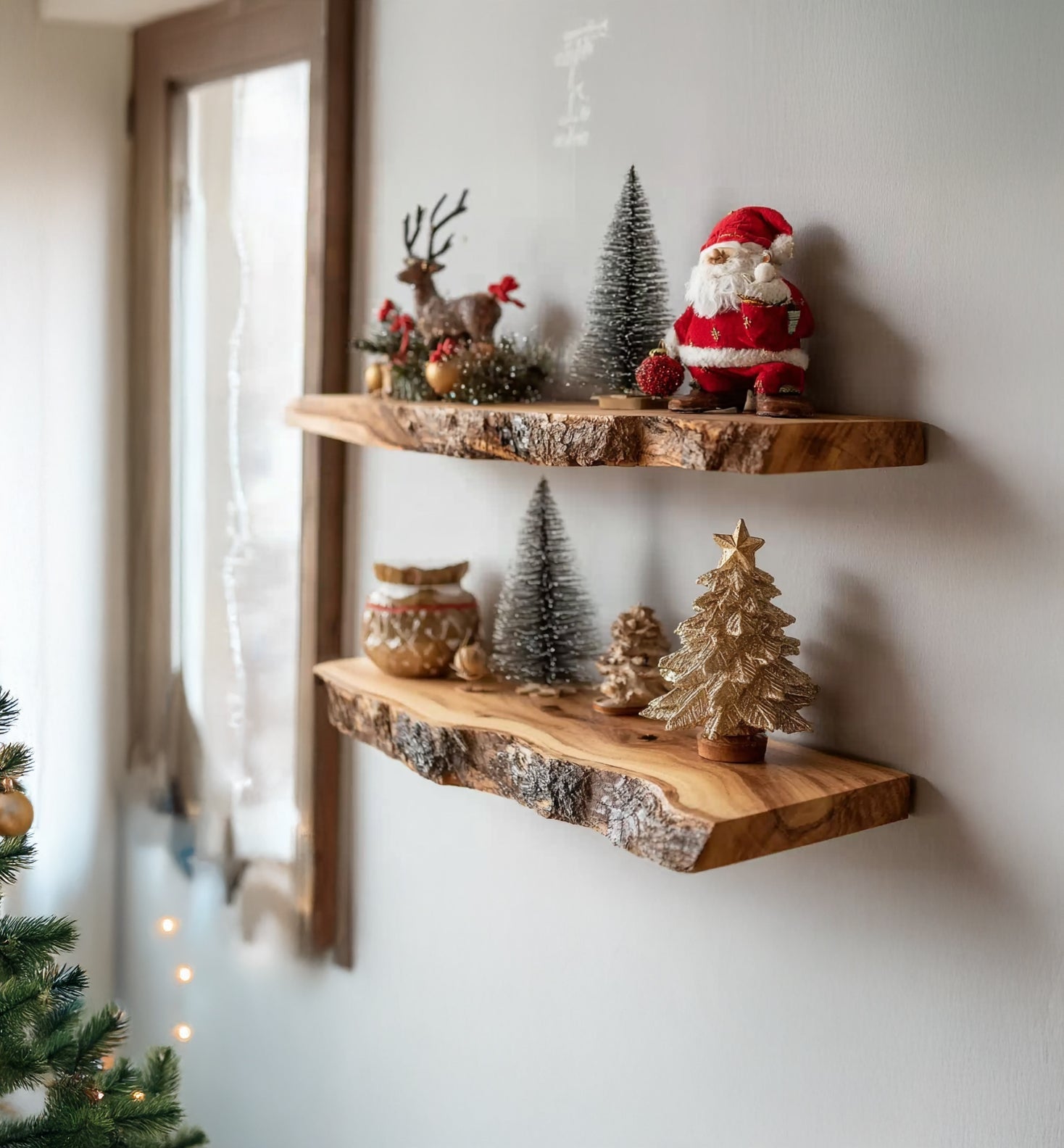 Rustic Live Edge Wooden Floating Shelves – Handmade Solid Wood Wall Shelf for Holiday Decor