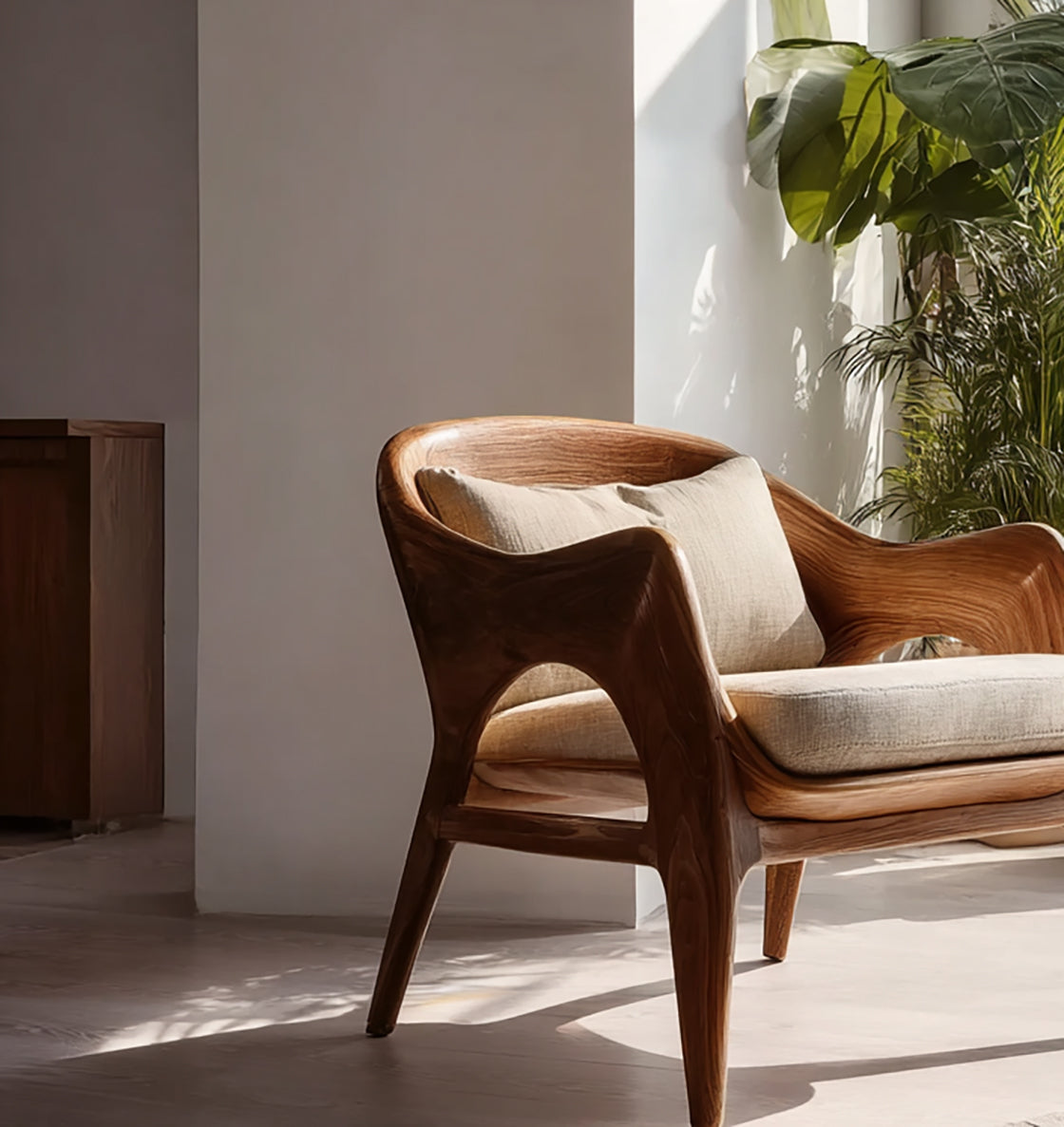 Handcrafted Solid Wood Lounge Chair – Modern Organic Sculpted Armchair