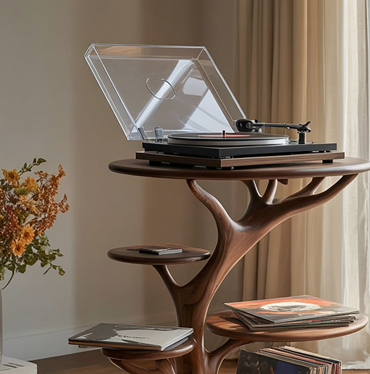 Handcrafted Wooden Record Player Stand – Artistic Vinyl Turntable Table