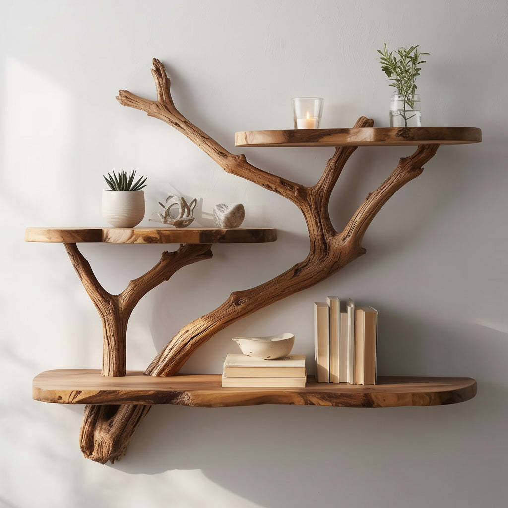 Handcrafted Tree Wall Bookshelf – Sculptural Wooden Floating Shelf