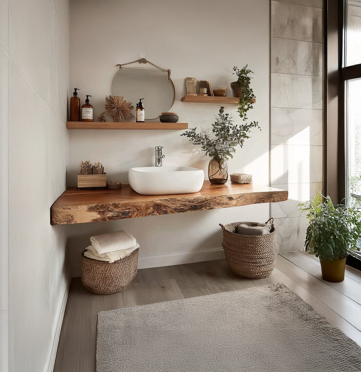 Handmade Reclaimed Wood Floating Vanity – Rustic Live Edge Bathroom Shelf