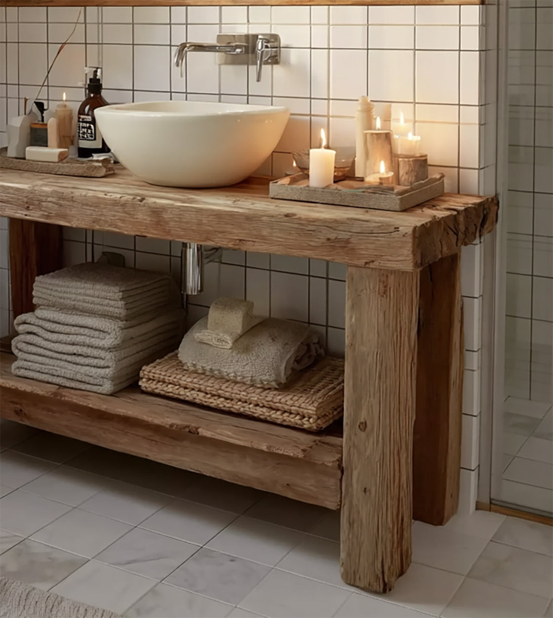 Rustic Reclaimed Wood Bathroom Vanity – Handmade Solid Timber Sink Console with Shelf
