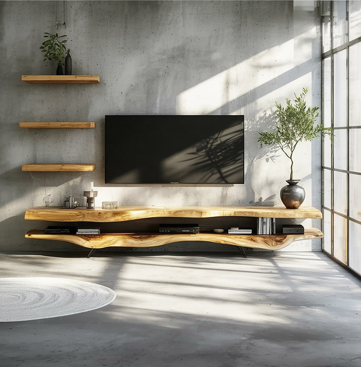 2-Piece Solid Wood TV Stand & Rustic Floating Walnut Shelves