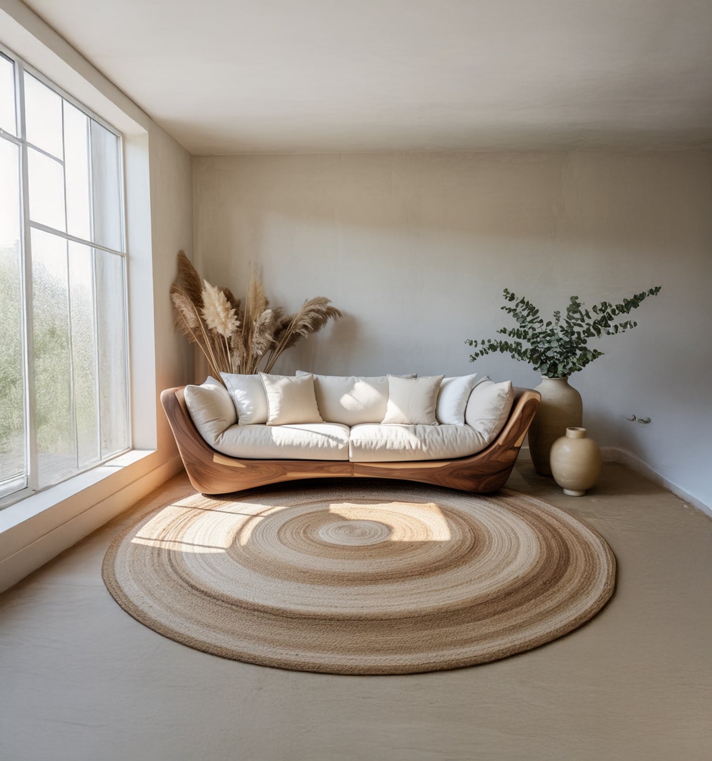 Modern Curved Wood Sofa – Handcrafted Solid Wood Frame for Living Room