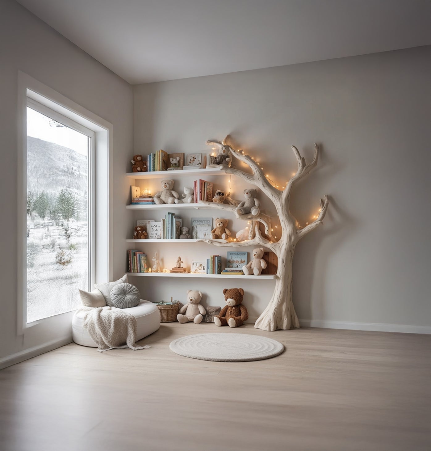 Cozy children's reading nook with stuffed bears, bookshelves, tree-shaped shelf, and soft round rug