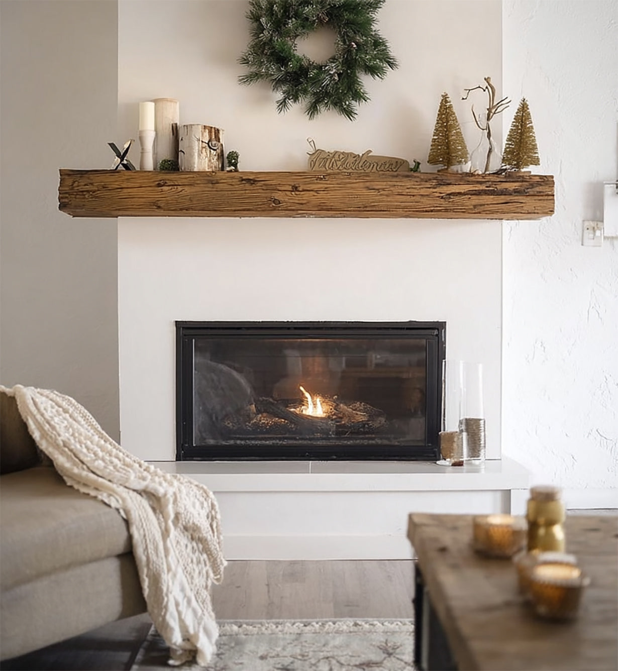 Rustic Wooden Fireplace Mantel – Handcrafted Floating Solid Wood Beam with Live Edge Shelf