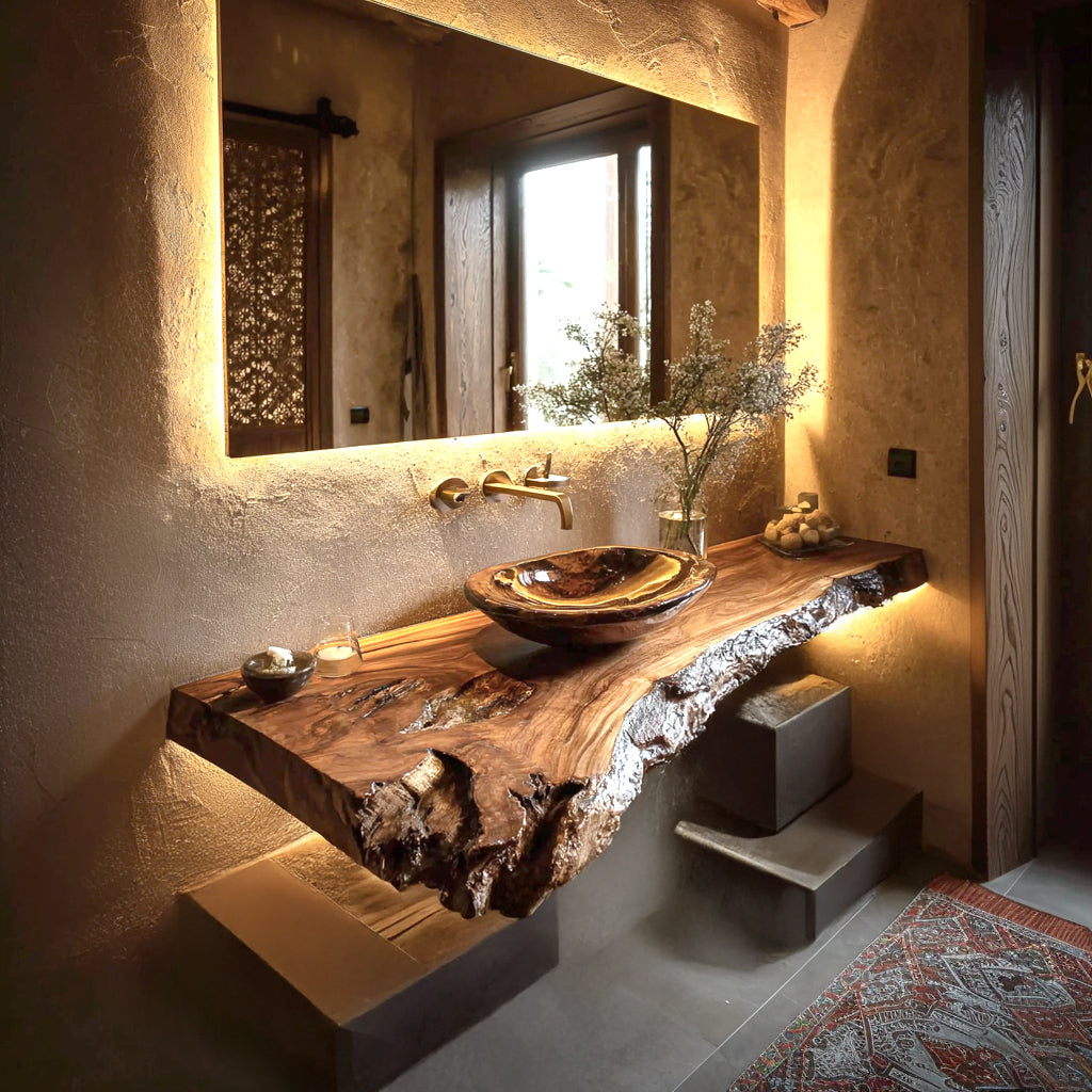 Rustic Live Edge Floating Vanity – Handmade Wooden Bathroom Shelf with Brackets