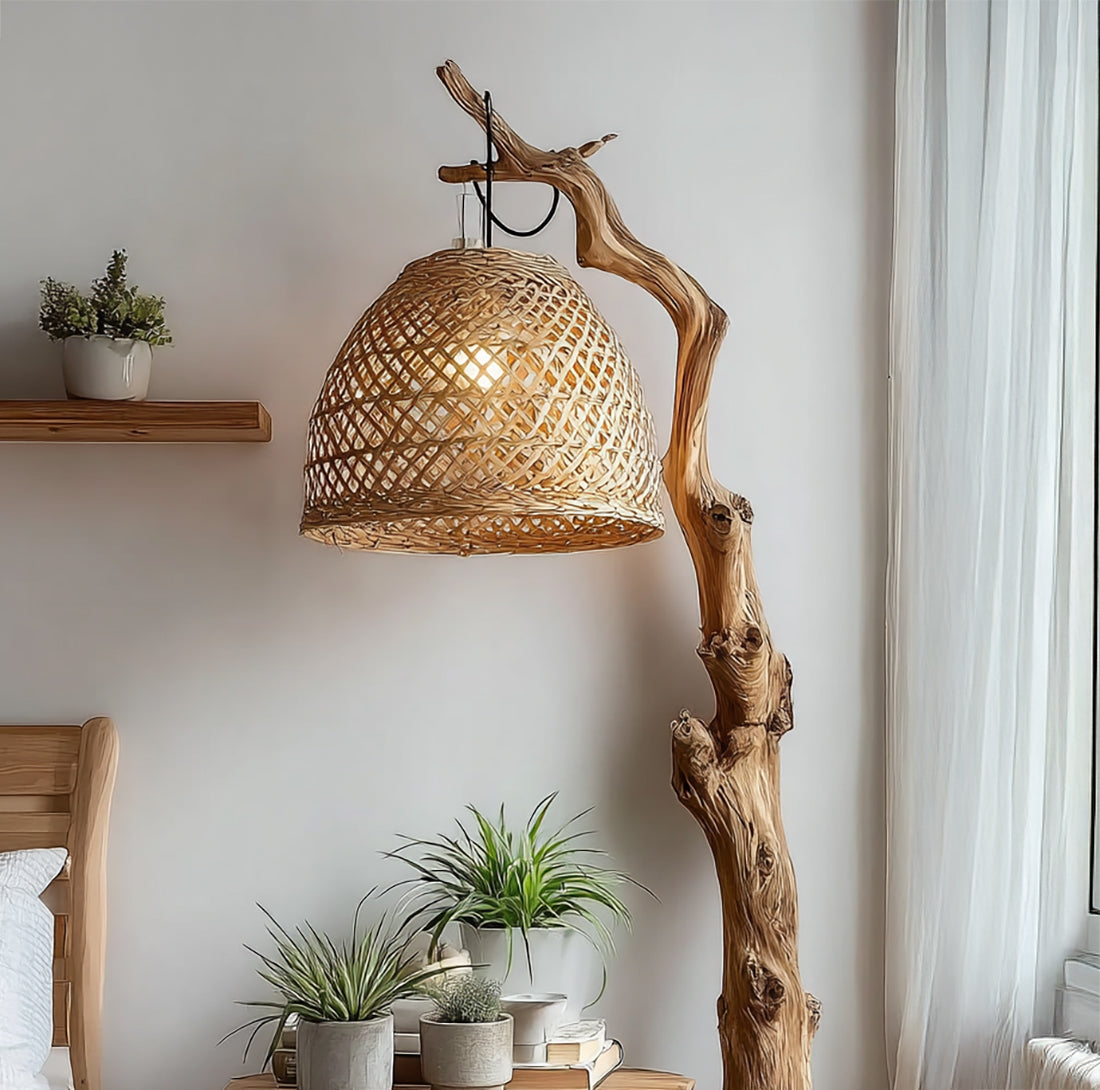 Rustic Driftwood Floor Lamp with Side Table – Solid Wood Standing Light with Rattan Shade