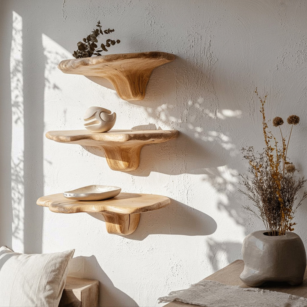 Mushroom Floating Shelves – Solid Wood Wall Decor for Living Room & Nursery