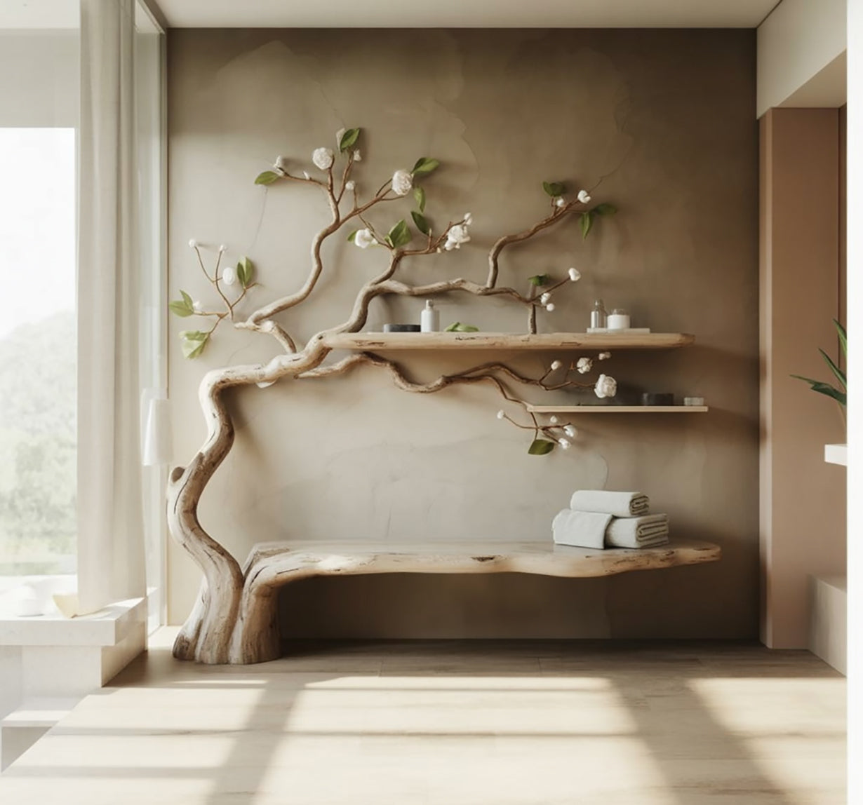 Handmade Tree-Inspired Wall Shelf & Bench – Natural Solid Wood Decorative Organizer