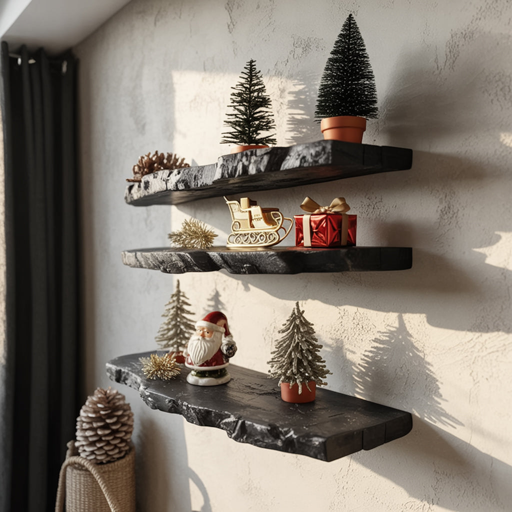 Rustic Floating Wall Shelf with Live Edge – Solid Walnut Handmade Décor