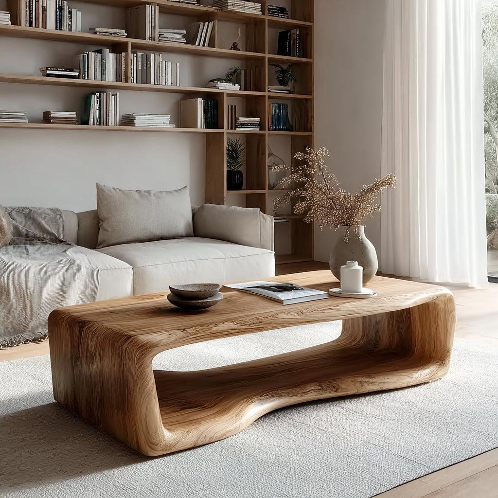 Rustic Wooden Coffee Table - Solid Rectangular Live Edge Wood Decor