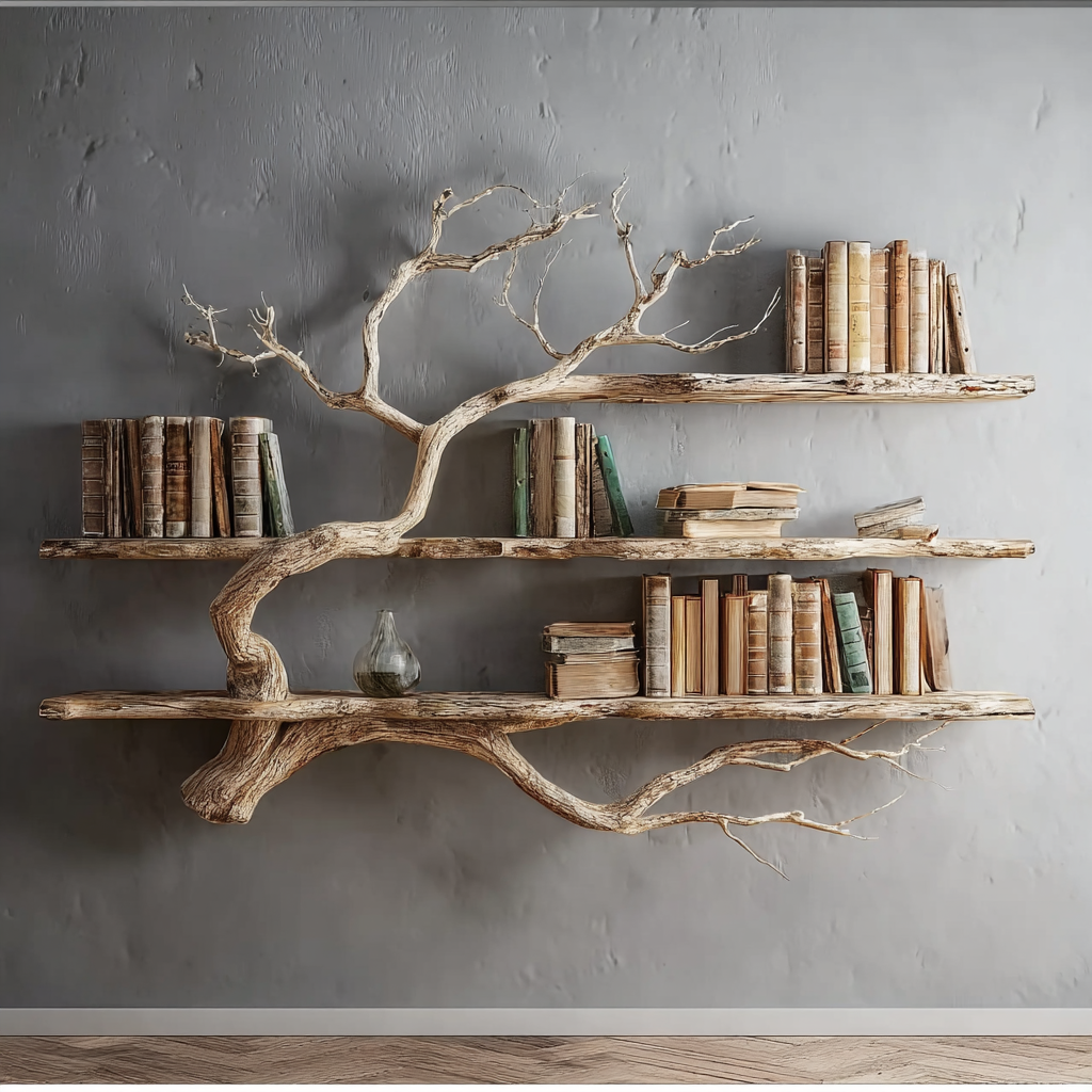 Corner Tree Floating Bookshelf – Driftwood Branch Wall Mounted Hanging Shelf, Artistic Corner Furniture Decoration