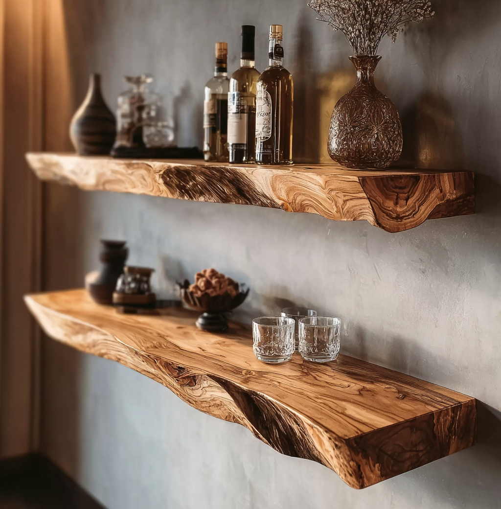 Handmade Live Edge Wood Shelf – Floating Wall Shelves for Whiskey Bar, Kitchen, or Entryway