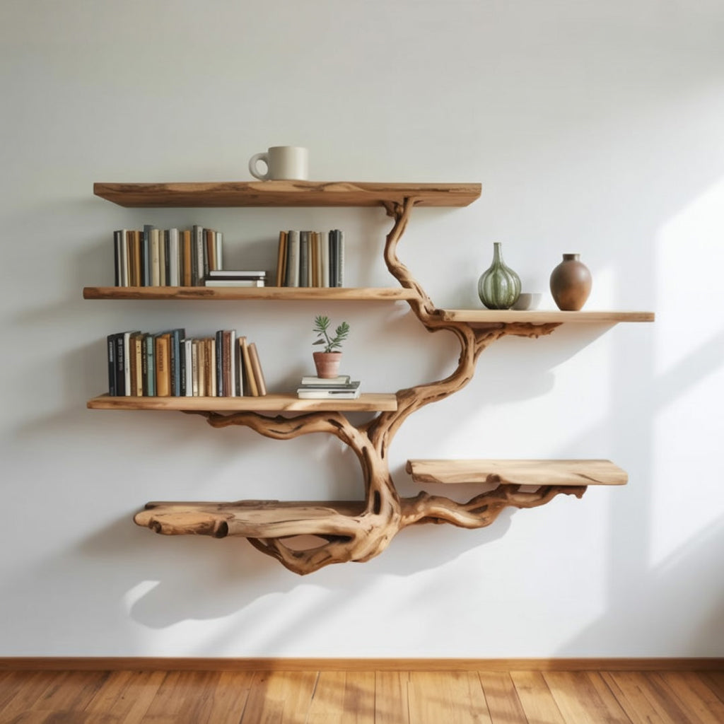 Tree Branch Floating Bookshelf – Solid Wood Wall Mounted Entryway Shelf