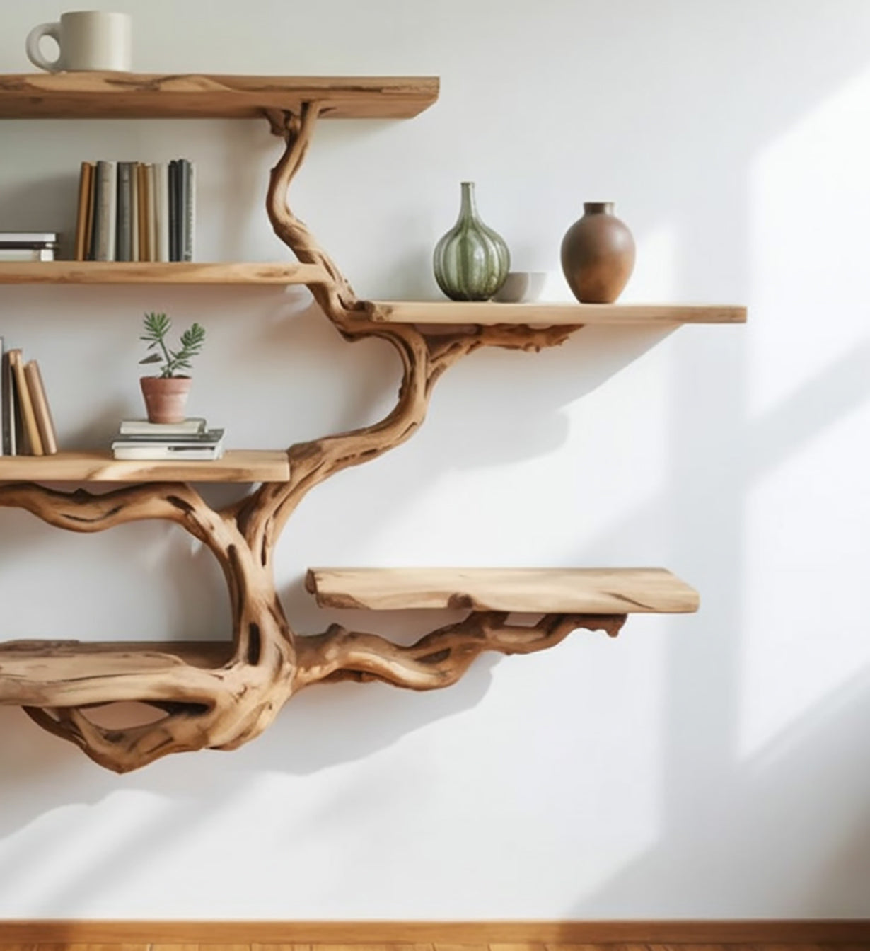 Tree Branch Floating Bookshelf – Solid Wood Wall Mounted Entryway Shelf