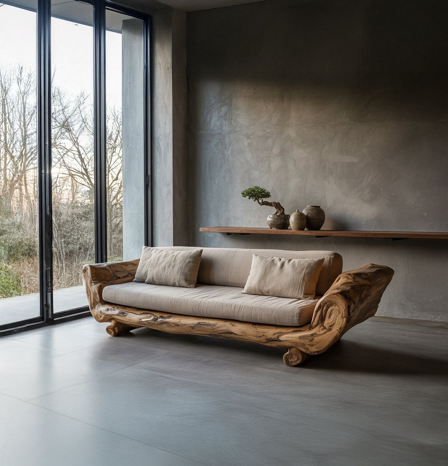 Handmade Solid Wood Sofa – Rustic Japanese Minimalist Floor Couch for Living Room