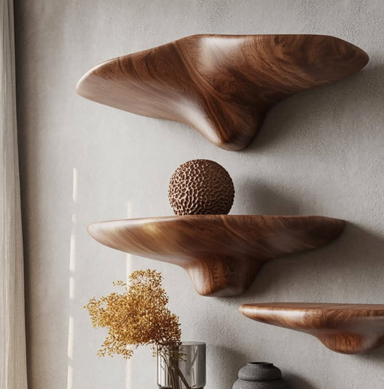 Organic Sculpted Wooden Floating Shelves – Handcrafted Modern Wall Art Storage