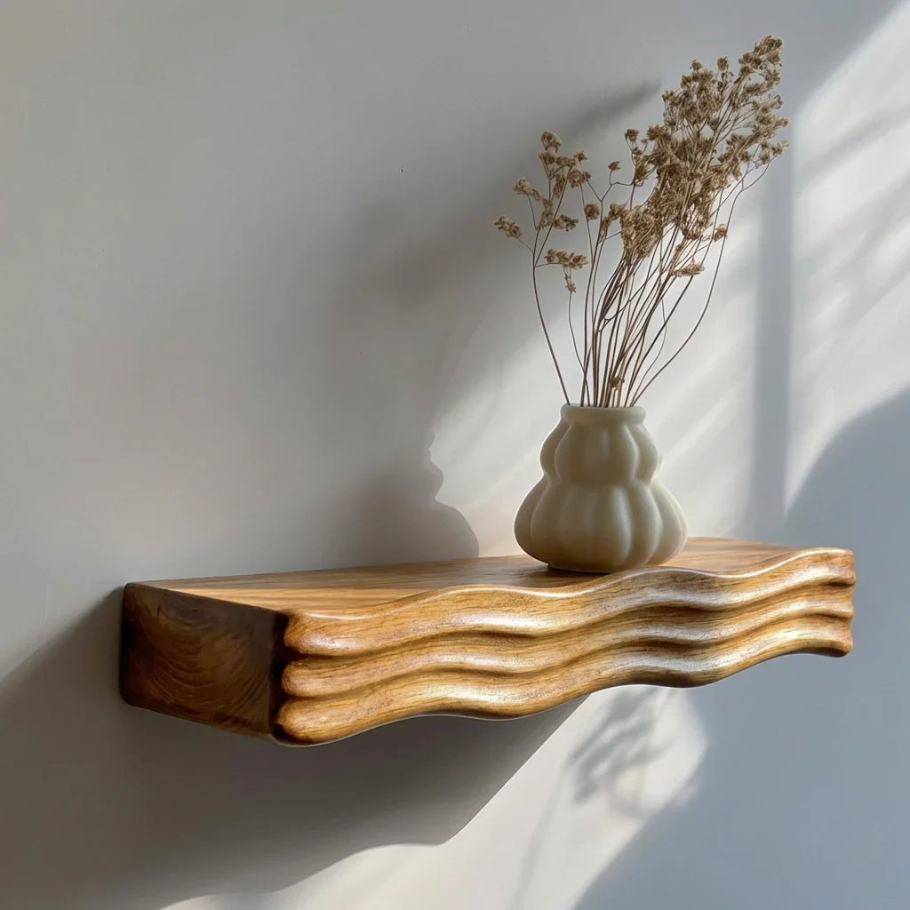 Wave Wall Shelf - Handcarved Solid Wood Floating Shelf with Sculpted Wave Front Edge - Ashdeco 2026