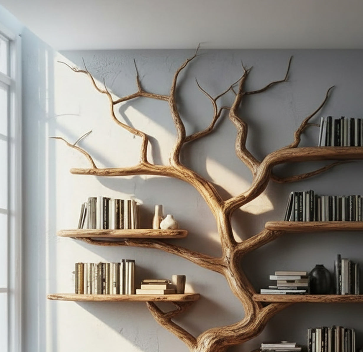 Natural wood tree-shaped wall shelves with books and decorative vases in bright room