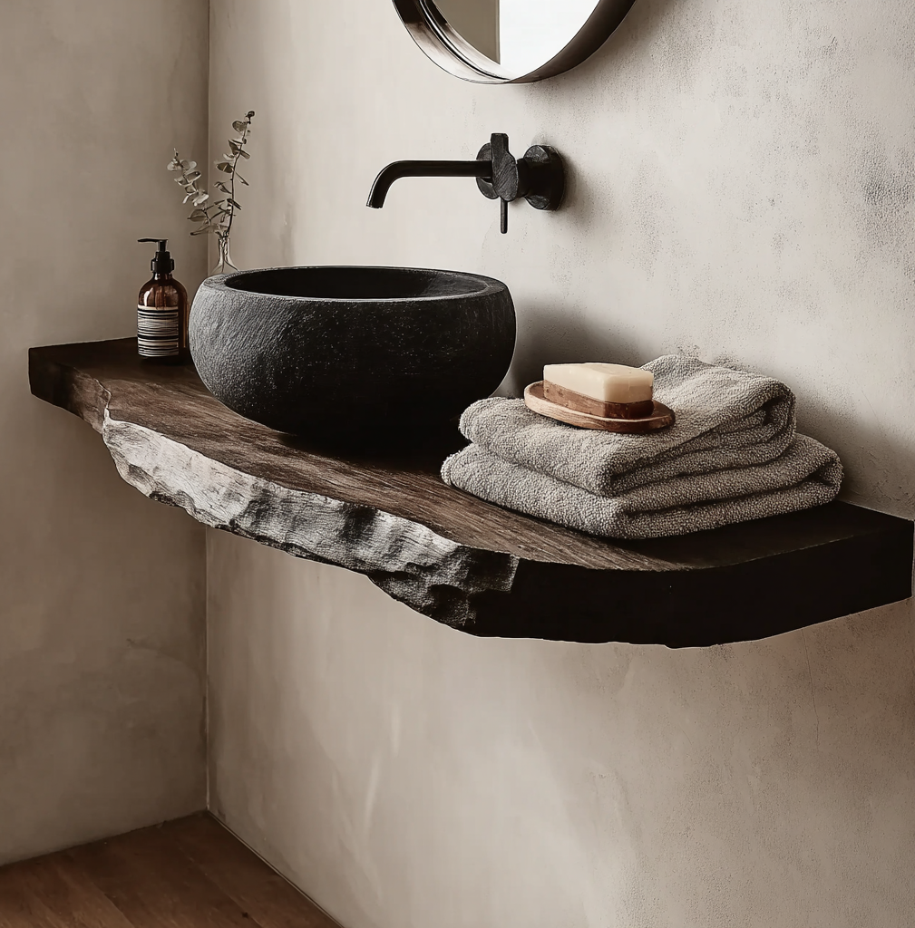 Rustic Corner Vanity Shelf – Handmade Live Edge Bathroom Shelf with Wall Mounted Brackets