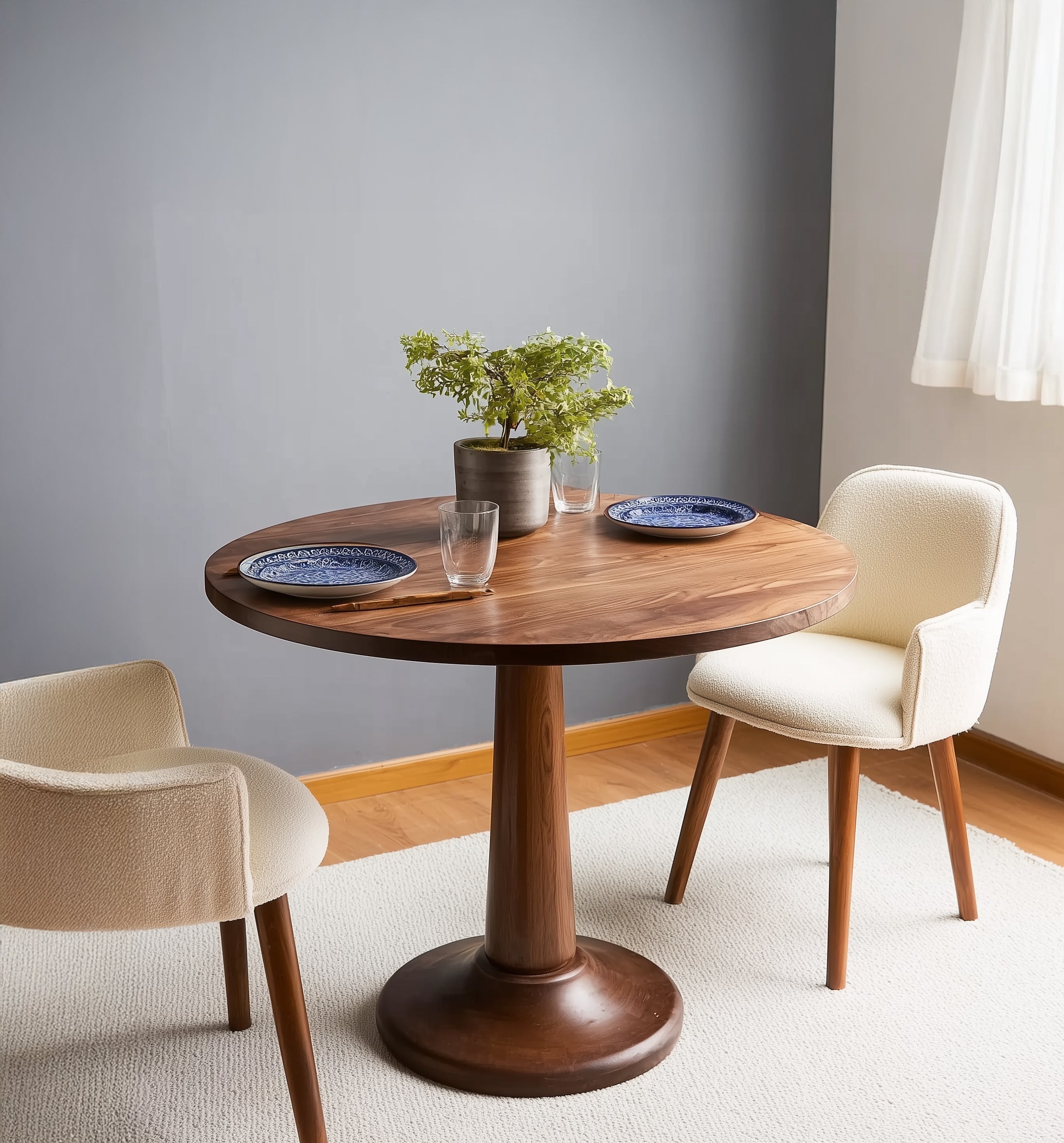 Rounded Square Dining Table for Two – Tulip Pedestal Leg, Dark Walnut Wood