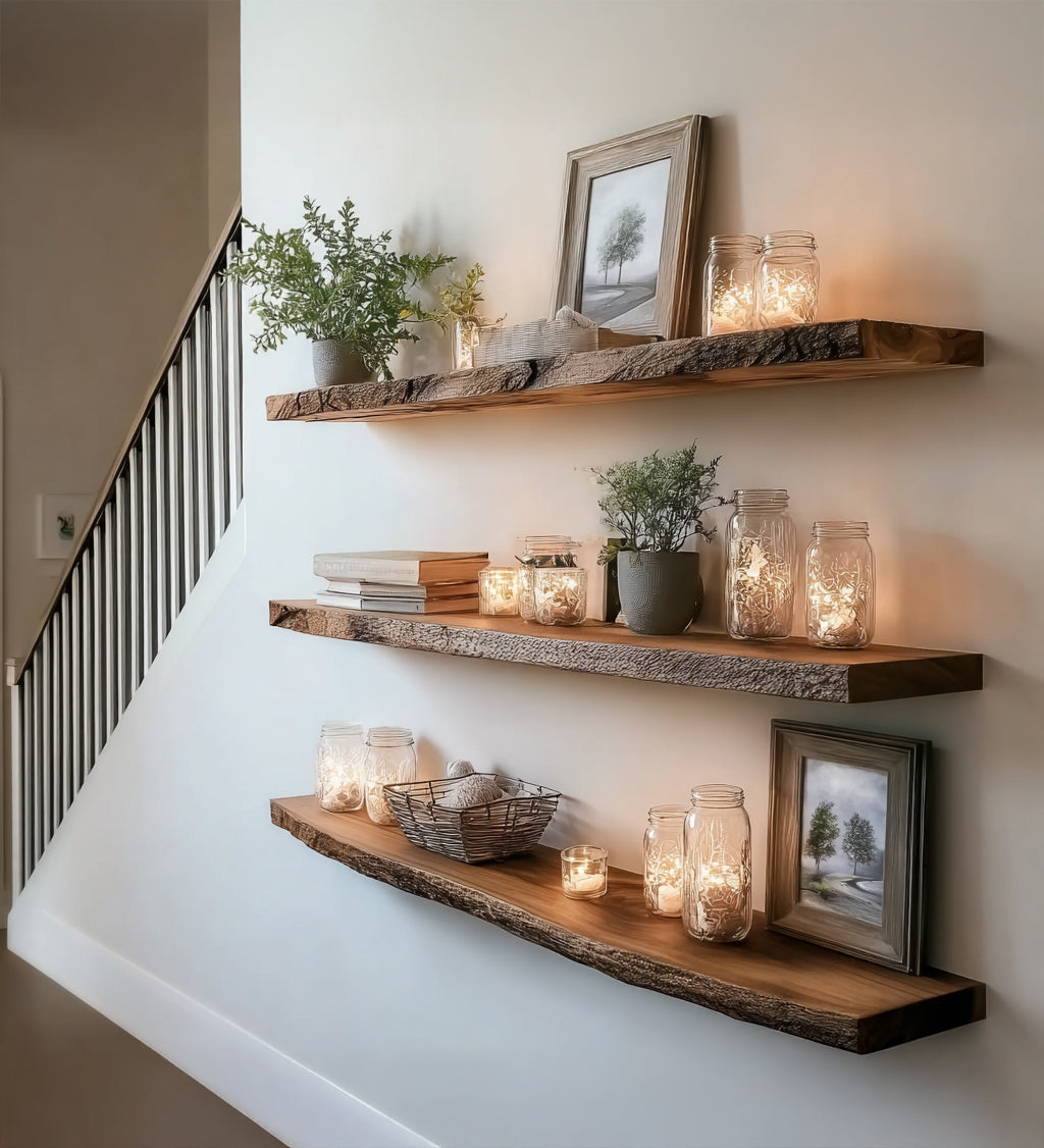 Handmade Live Edge Floating Shelves – Solid Wood Rustic Wall Display