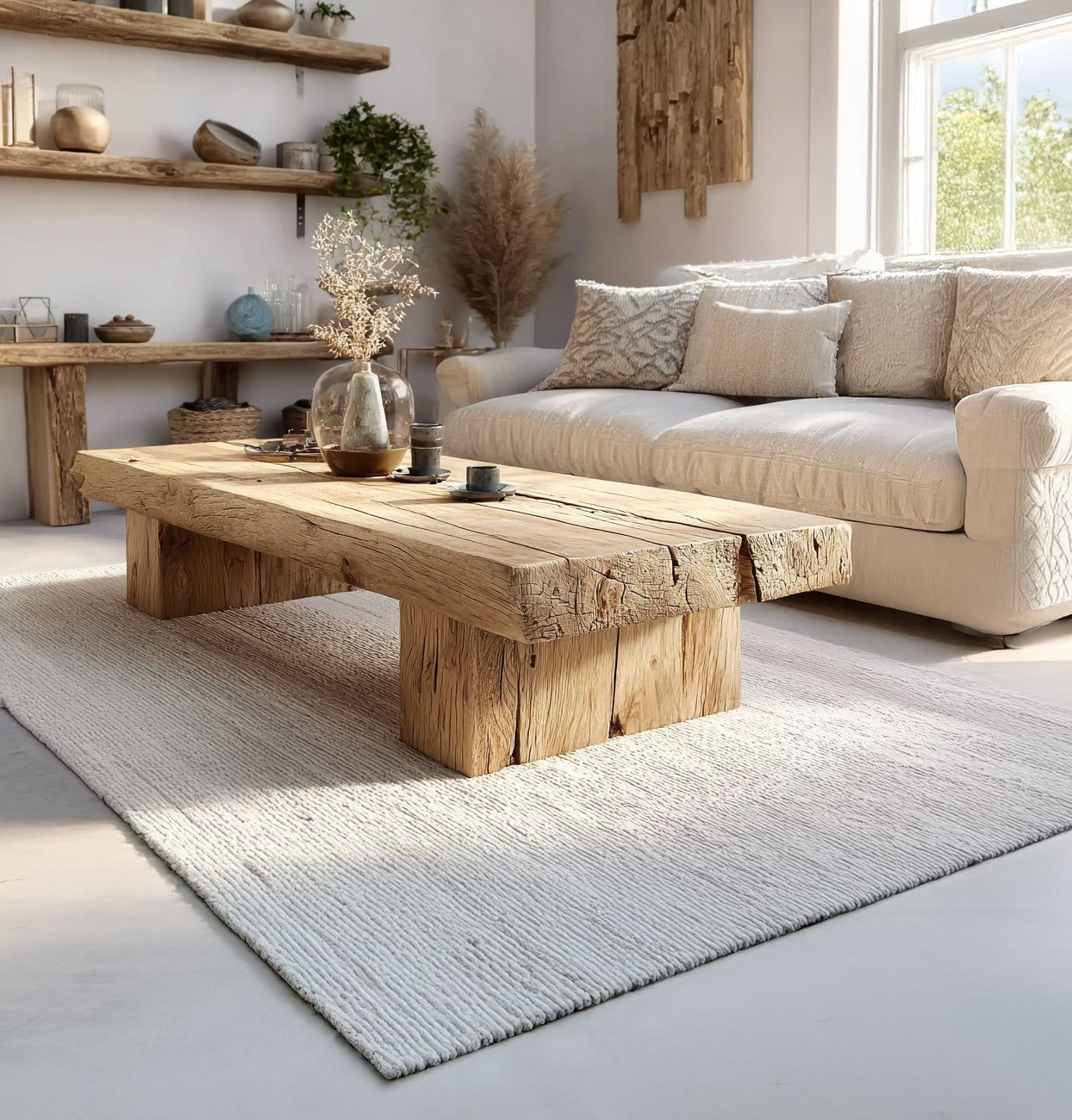 Rustic Handmade Wooden Coffee Table – Live Edge Solid Wood Trestle Farmhouse Rectangular End Table