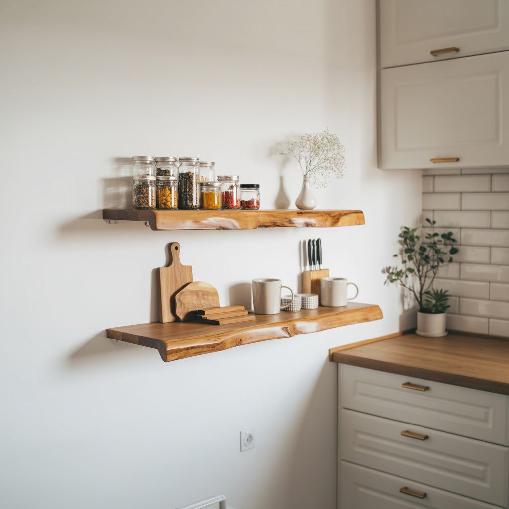 Live Edge Walnut Floating Kitchen Shelf – Solid Wood Wall-Mounted Storage
