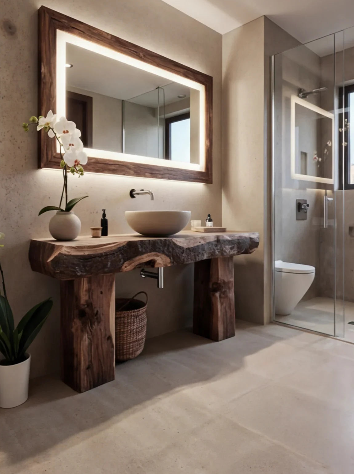 Modern bathroom with live edge solid wood vanity, vessel sink, large mirror, and natural decor.