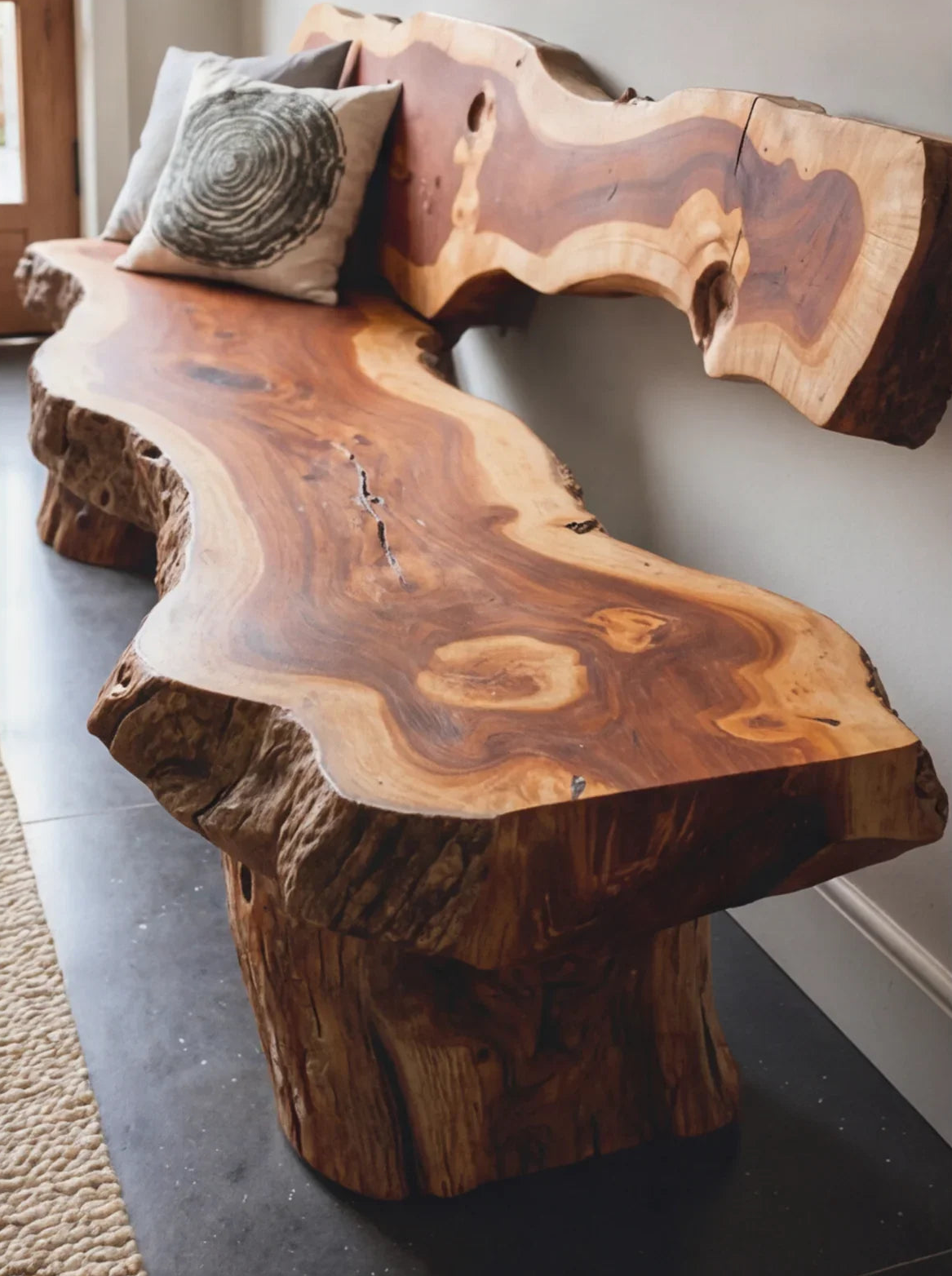 Live edge solid wood bench with natural grain and throw pillow in a modern home setting