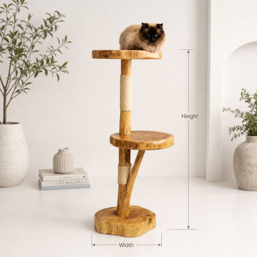 Natural wood cat tree with a fluffy cat perched on top.
