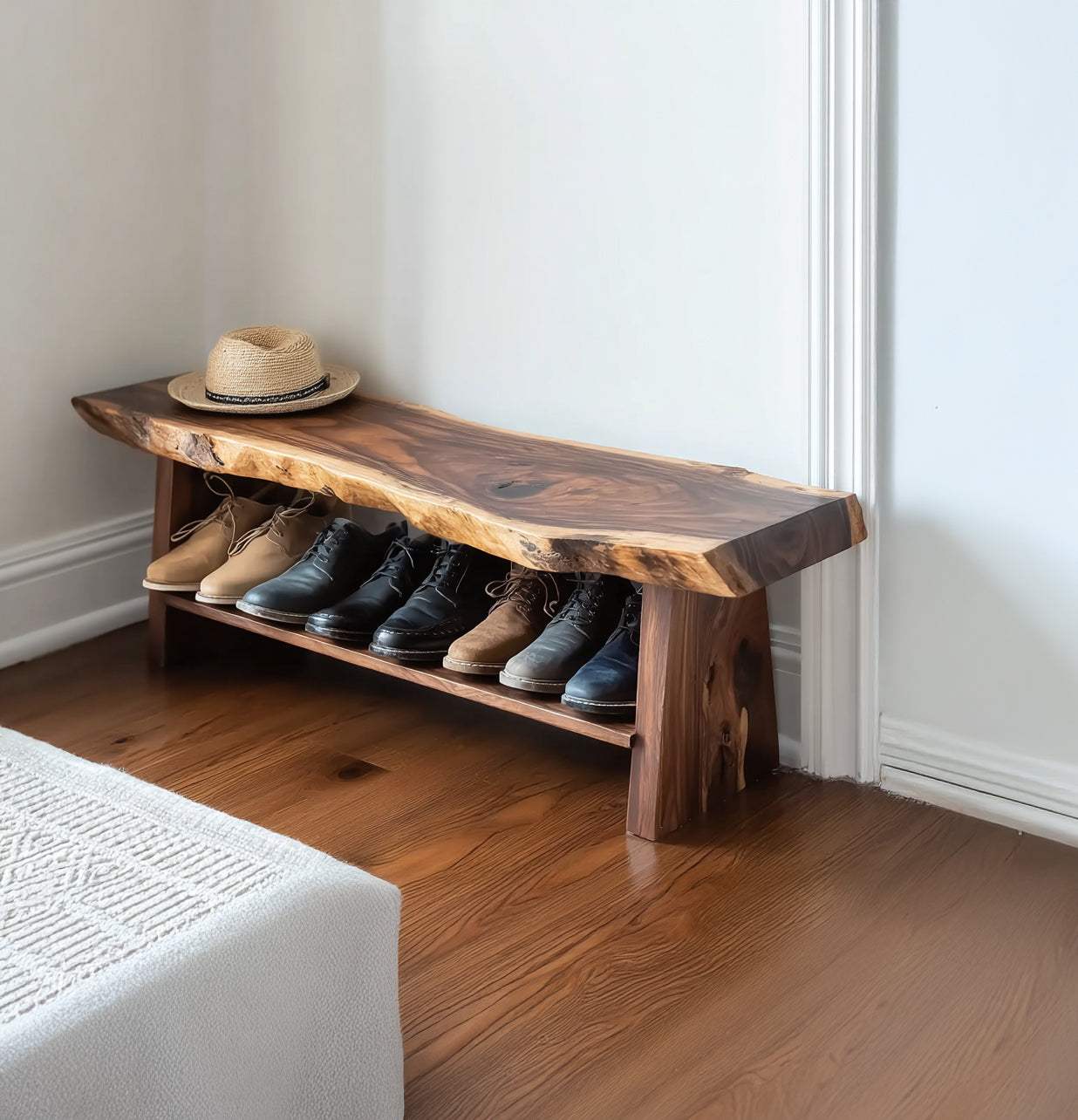 Live Edge Wood Shoe Bench – Handcrafted Entryway Bench with Storage Shelf